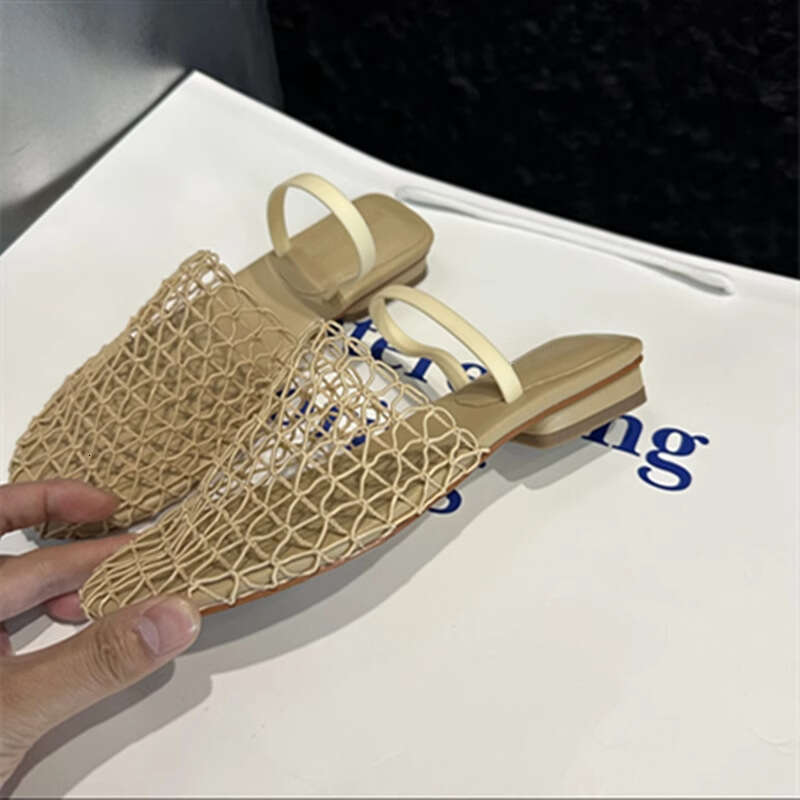 Niche Fishnet Woven Hollow Sandals for Women Summer New Thick Low Heel Round Mules Roman Closed Toe Half Slippers
