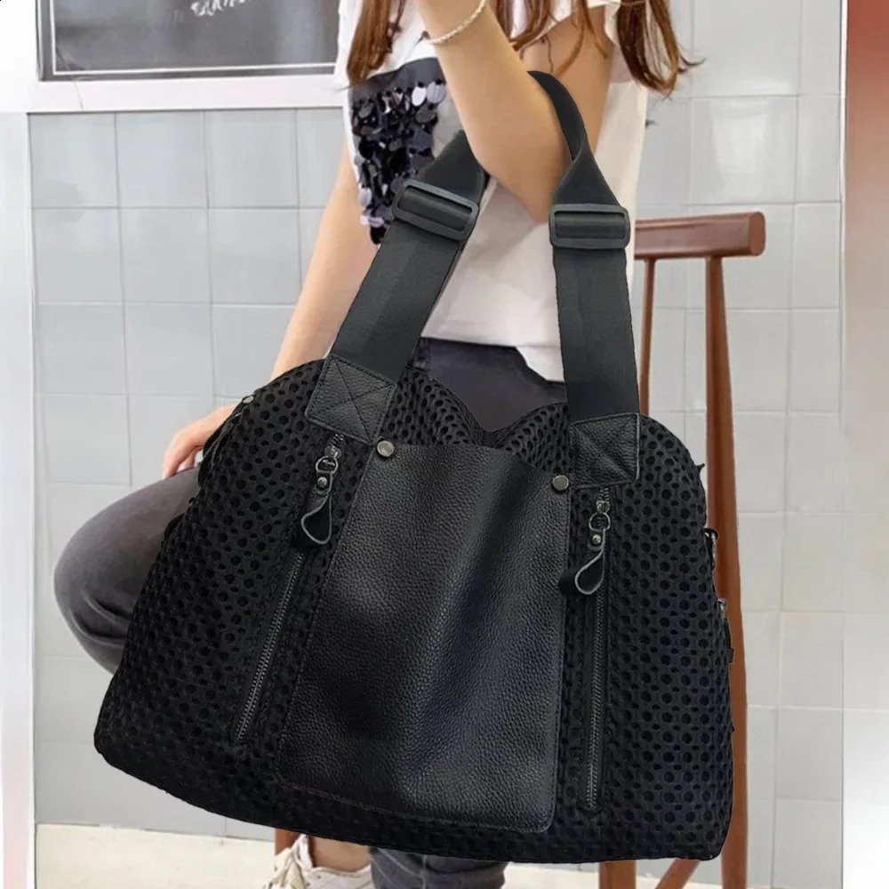 Ladies fashionable nylon mesh stitched tote bag with large capacity retro casual splicing single shoulder handbag 250528