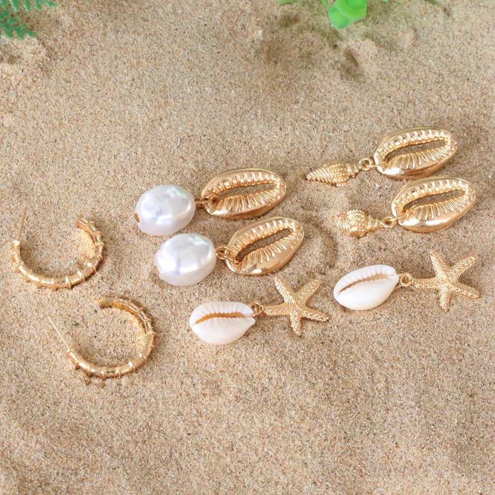 4Paris/set Bohemian Shell Irregular Imitation Pearl Conch Starfish Earrings L250527