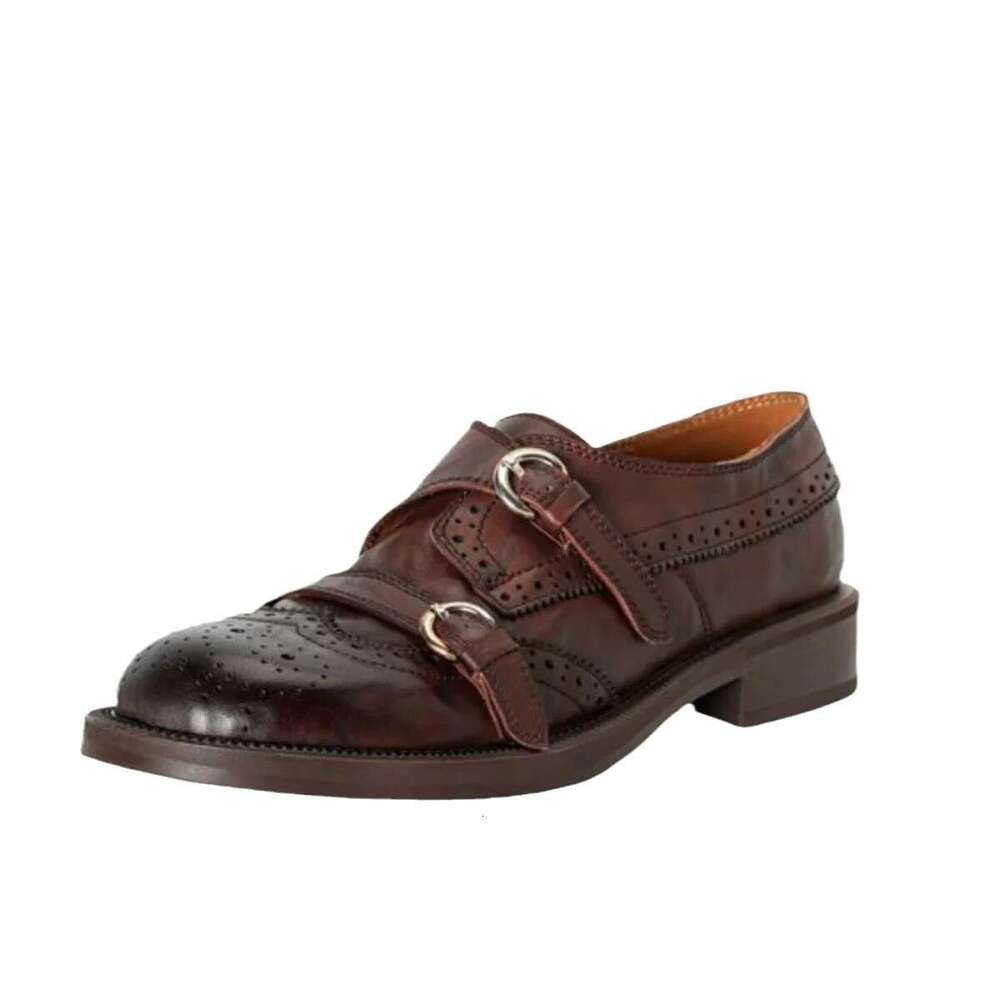 Genuine Brogue Carved Small Leather Shoes for Women, Chunky Heel, Thick Sole, Round Toe, Slip-On Loafers, Commuter Flats