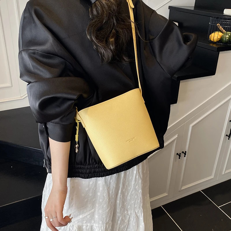 Lychee Pattern Mini Shoulder Bucket Bags For Women Pure Color PU Leather Crossbody Bag With Pendant Summer Latest Handbags 250528