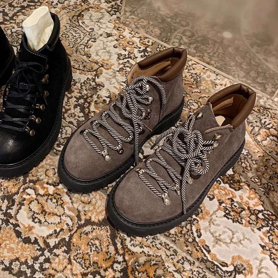 Genuine Leather Suede British Style Round Toe Chunky Heel High Top Martin for Women Thick Sole Versatile Front Lace-up Short Boots