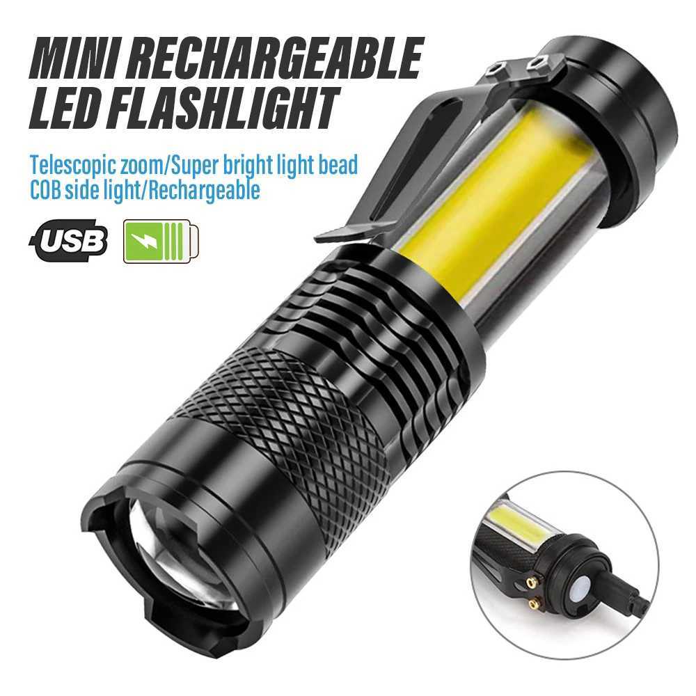 Mini Rechargeable LED Flashlight with Side Light Using XPE + COB Beads Supports Telescopic Zoom With Pen Clip for AdventureXJ250529