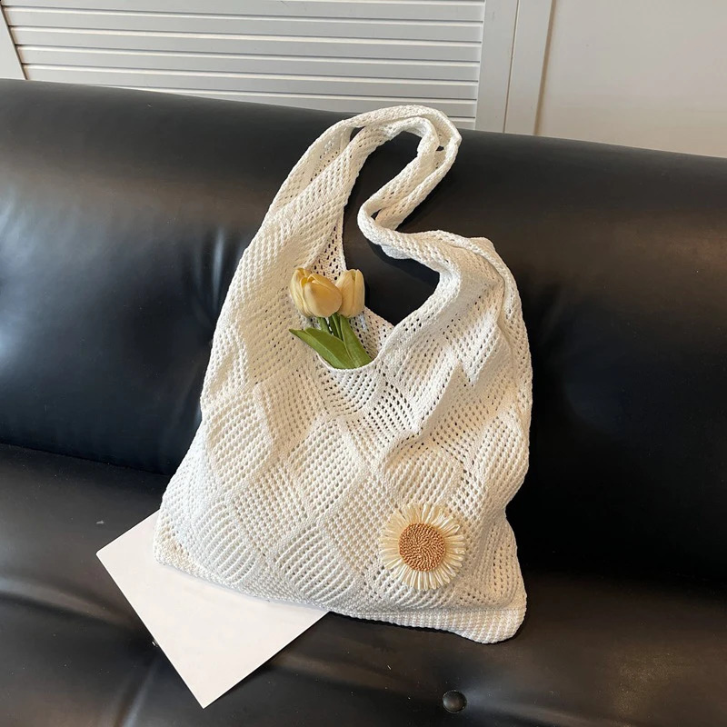 Crochet Tote Bag Flower Mesh Beach Bag Aesthetic Knitted Shoulder Bag Vacation Boho Tote Bag for Women Travel Vacation 250523