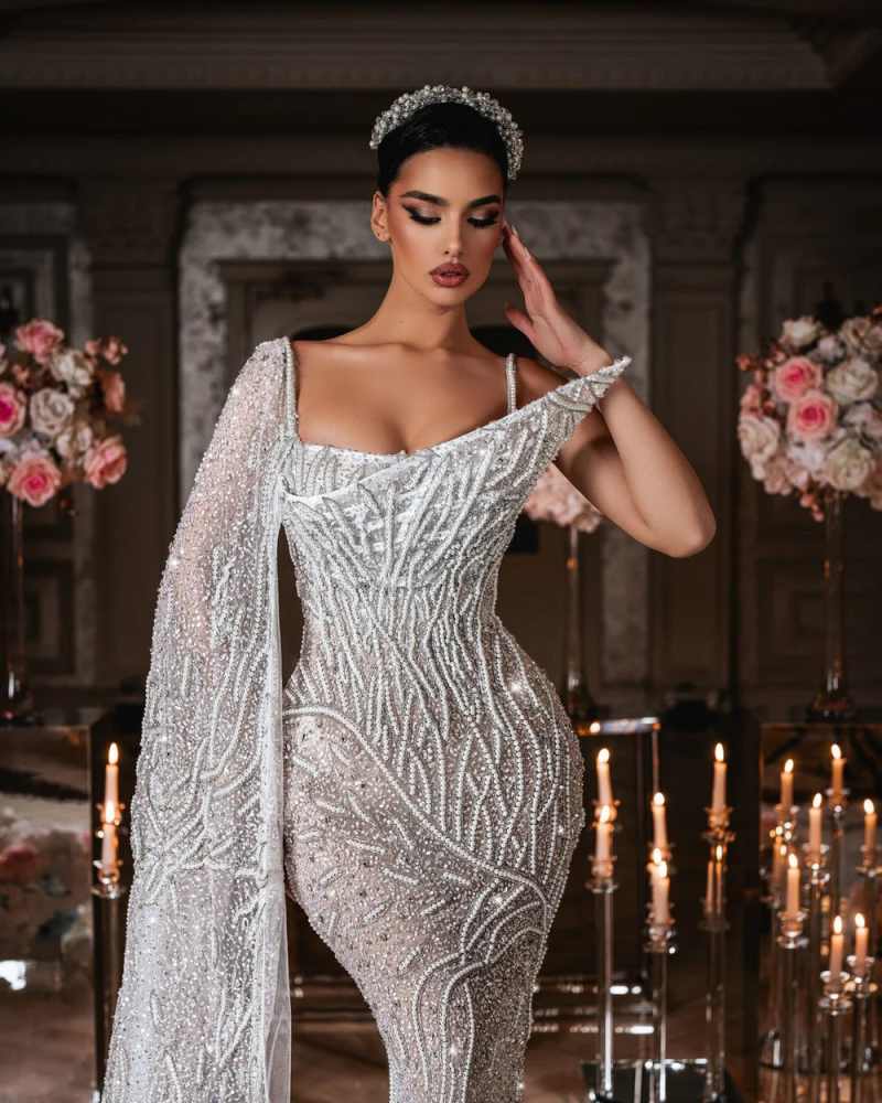 Glitter Pearls Wedding Dress Sparkly Sequined Lace Mermaid Bridal Gown Fashion One Shoulder Beaded Bride Dresses Customized