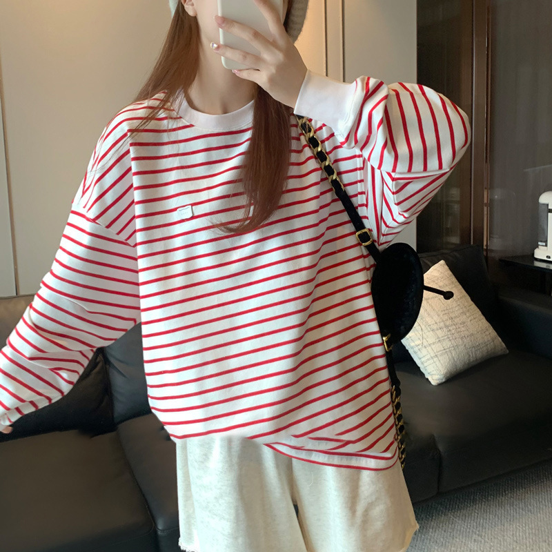 DO3210 Spring and Autumn new long-sleeved T-shirt for women, loose and versatile round-neck sweater, striped ins top for women