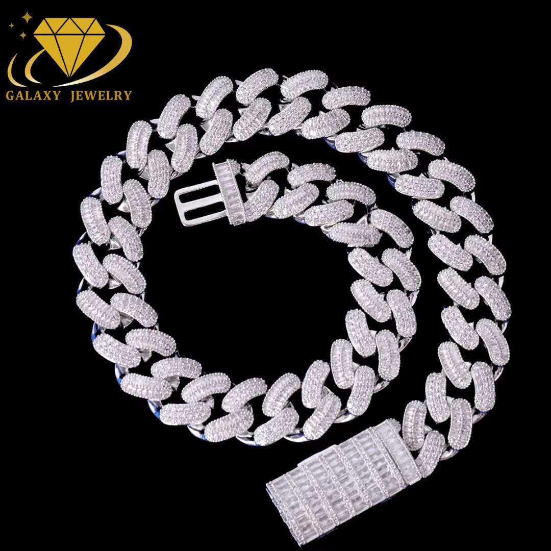 Factory Wholesale Baguette Cut Iced Out Moissanite Stone 20mm Thick 925 Sterling Silver Cuban Link Chain Necklace for Men