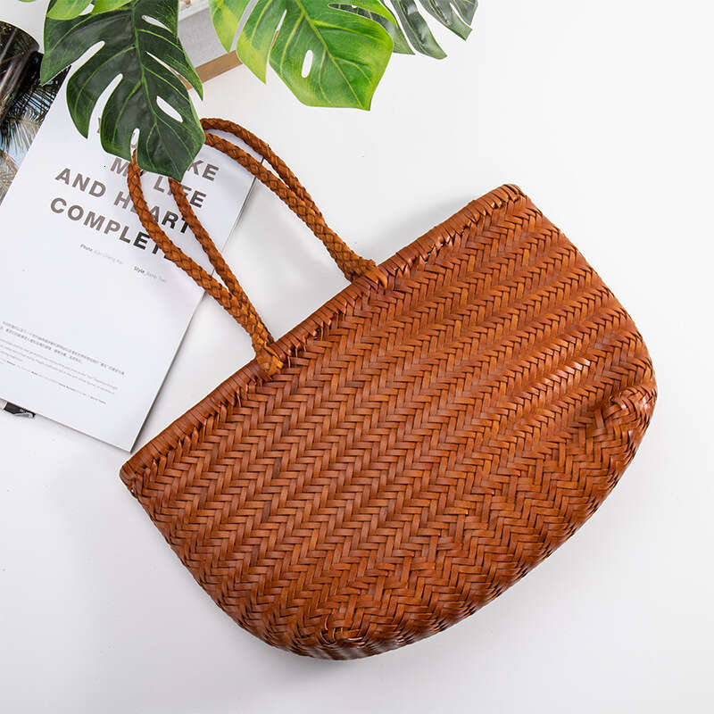 Tote Bag Ins Genuine Leather Recycled Cowhide Handmade Herringbone Woven Tote Basket Vacation Bag Shoulder Bag Braided Handbag Genuine leather women&#