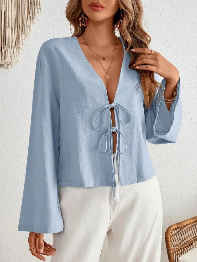 Sexy Lace Up Hollow Out Shirt Women Loose Solid Vneck Lantern Sleeve Tops Female 2024 Summer Casual Fashion Lady Short Blouses 250529Z