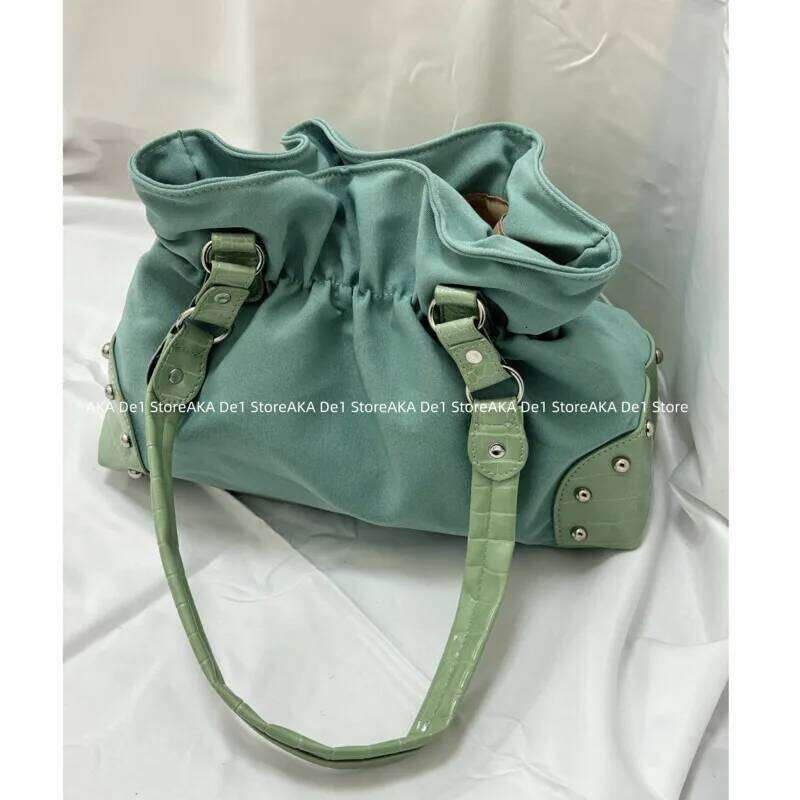 Belt Design Streetwear Green Zipper Y2k Girl Shoulder Pleated Fashion Underarm Bags Rivet Gothic Women's Handbags