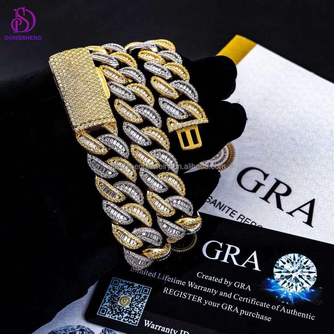 Hip Hop Jewelry Tone Two 15mm Baguette 925 Silver Iced Out Necklace Vvs Diamond Moissanite Cuban Bracelet