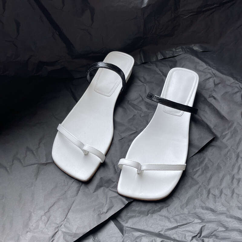 Genuine Leather Flat Low Heel Post Strap Beach Sandals for Women 2024 Summer Square Toe Flip-Flops Outdoor Wear
