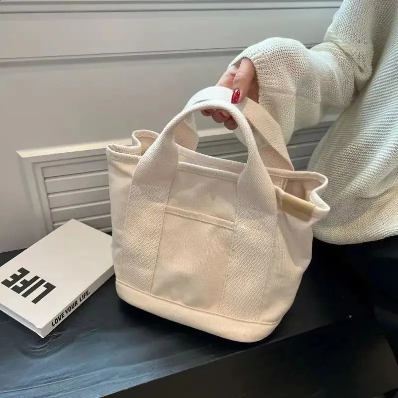 Multipocket womens canvas tote bag solid color ner ladies casual commuting handbag large capacity coffee camping picnic bag 250528