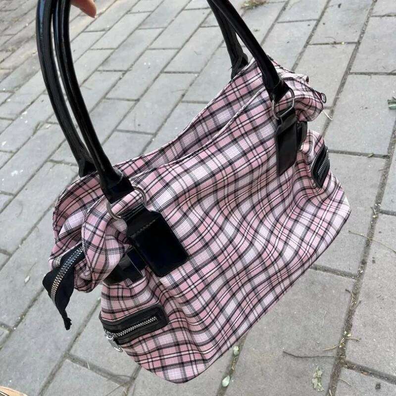 MBTI Pink Womens Shoulder Plaid Canvas Y2k Original Punk Fashion Tote Bag Aesthetic Literary Rivets Large Capacity Handbag