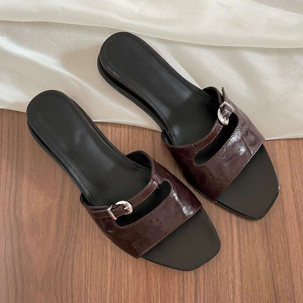 Cowhide Version ~ Small Wedge Open-Toe Square Toe Slip-On for Women Outdoor 2025 Summer New Beach Sandals