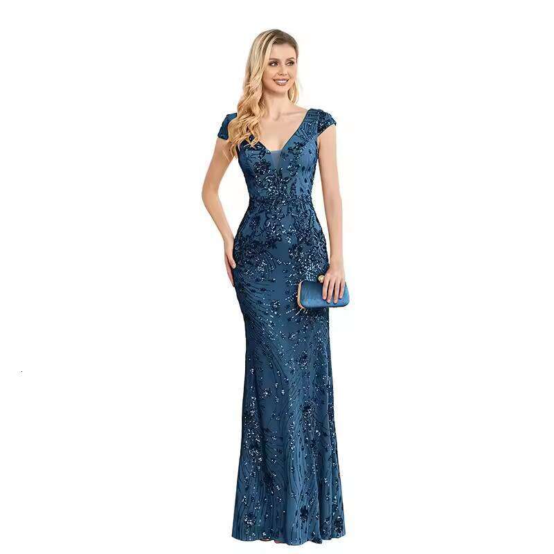 DHCollections Women Mermaid Sequin Maxi Dress Deep V Neck Formal Evening Gown Wedding Party Wear