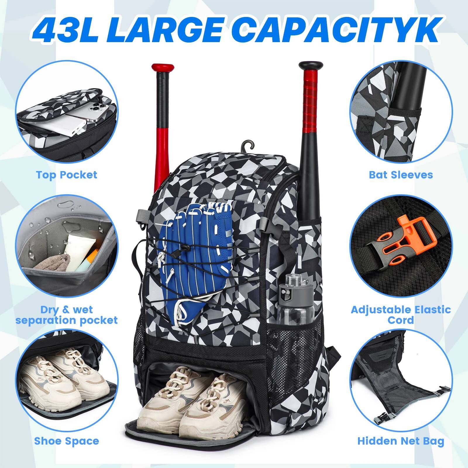 YH&GS Baseball Backpack Lightweight Sport Bag Sports Training with Shoes Compartment Softball Equipment for Youth Adult
