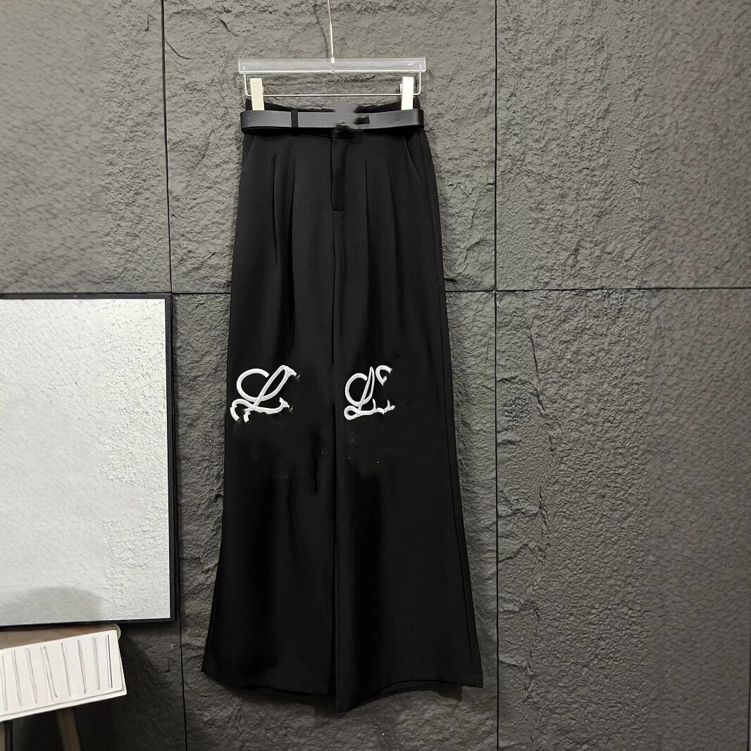 New Designer women with belt sashes wide leg loose logo letter embroidery fashion pants trousers SMLXL