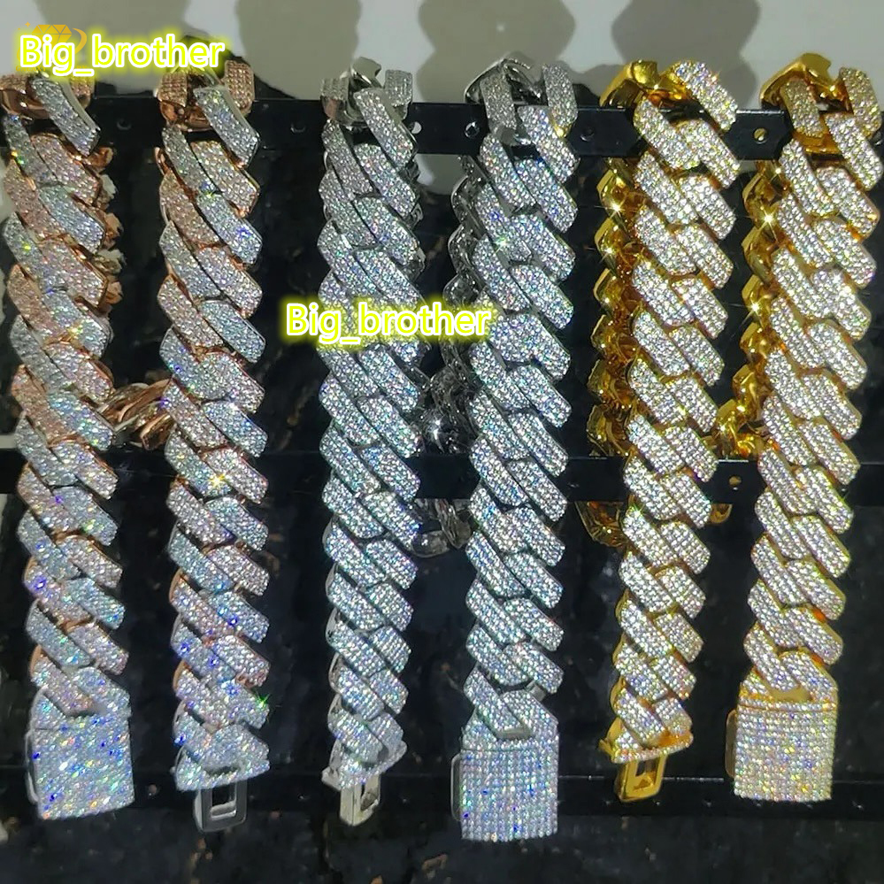 Fashion Jewelry Bracelets Necklaces 6mm-20mm 10K 14K 18K Gold 925 Sterling Silver 3 Rows Moissanite Cuban Link Chain