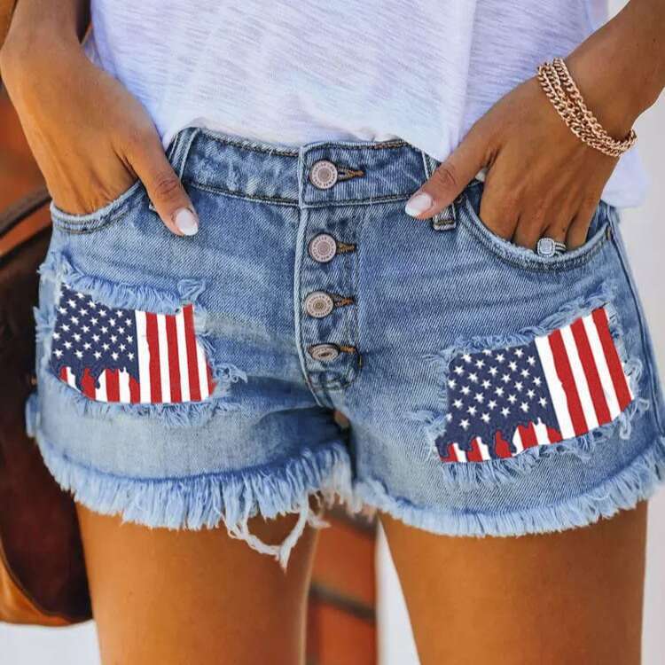 Shorts Women Denim Shorts Trendy Buttoned Printed Patchwork Denim Shorts For Women With Rips And Fringes Jean Shorts