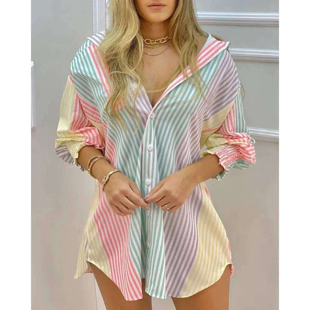 Women's Wear Fashion Striped Sleeve Buttons Shirt Dress Women 2023 Summer Fall Clothes Print Long Tops Femme Blouses Woman Shirts