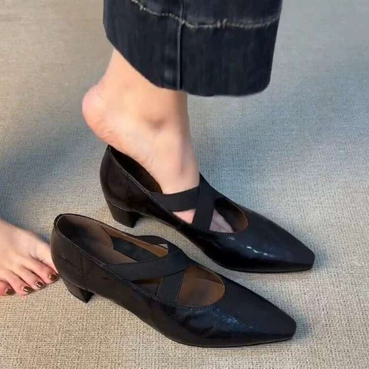 Genuine Leather Square Toe Cross Strap Mary Jane for Women 2025 New Spring Chunky Mid Heel Commuter Shoes
