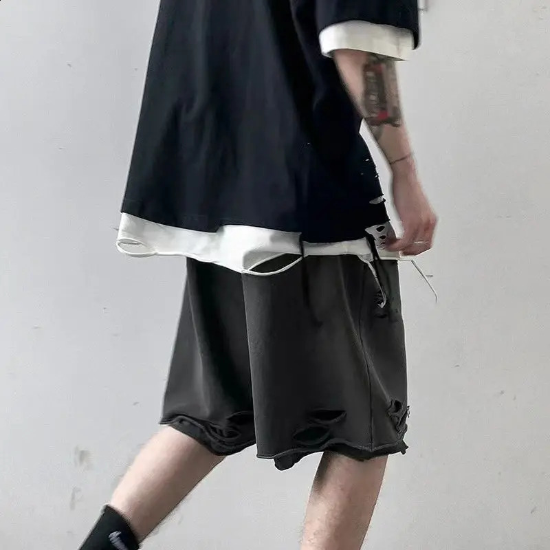 High Street Ripped Shorts Mens Loose Korean Style Fashion Sports Pants Two-Piece Layered Five-Cubic Pants 250527