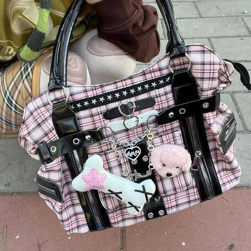 MBTI Pink Womens Shoulder Plaid Canvas Y2k Original Punk Fashion Tote Bag Aesthetic Literary Rivets Large Capacity Handbag