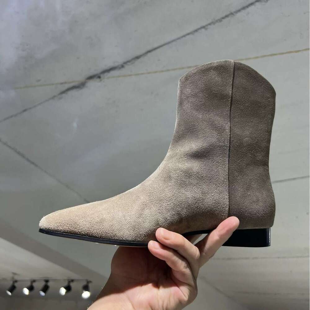 Korean Style Genuine Leather Suede Pointed Toe Chunky Heel Flat Skinny Short Western Cowboy Women's Martin Boots