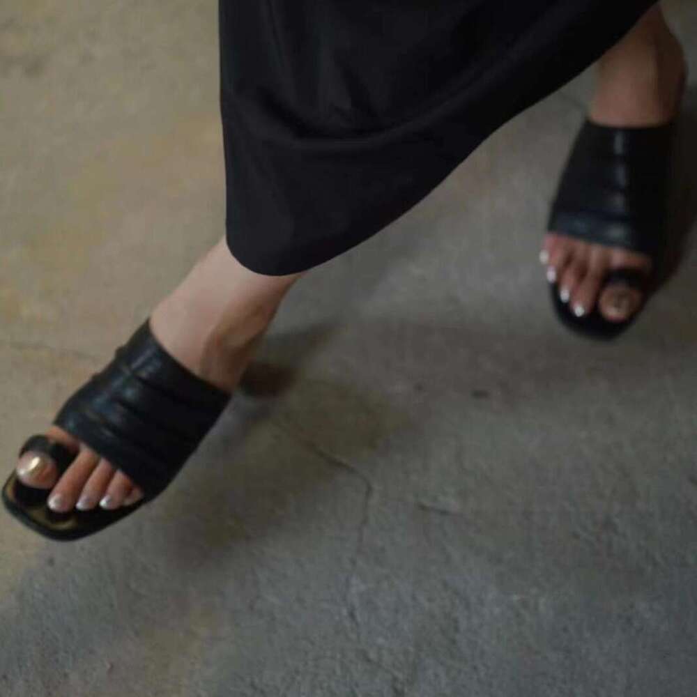 Genuine Leather Korean Style 2024 Summer New Square Toe Folded High Chunky Heel Sandals for Women Fashionable Outdoor Slippers