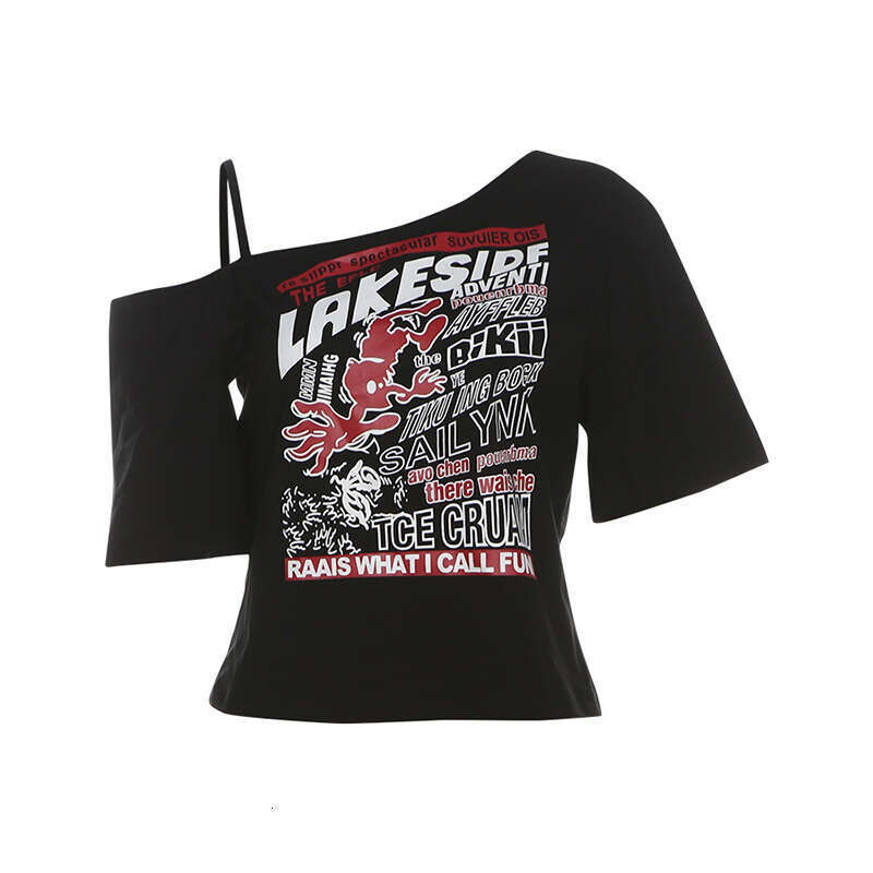 Spring Women's New Street Fashion Hot Girl Off-Shoulder Hollow Out Print Versatile Crop Top B5