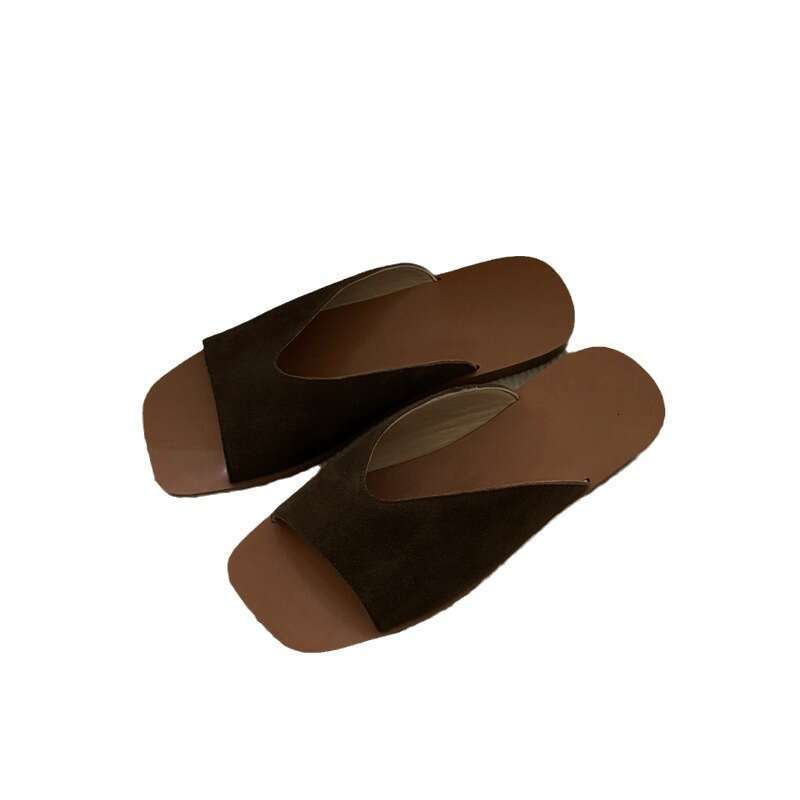 Korean Style Niche Simple Genuine Leather Suede Open-Toe Square Toe Slippers for Women Outdoor Summer New Flat Sandals