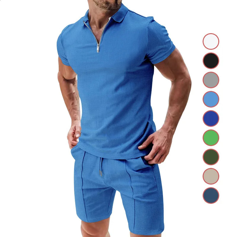 2024 Mens Suit Summer Casual Sportswear Waffle Solid Color Loose Lapels Tshirt and Shorts TwoPiece Set 250520Z