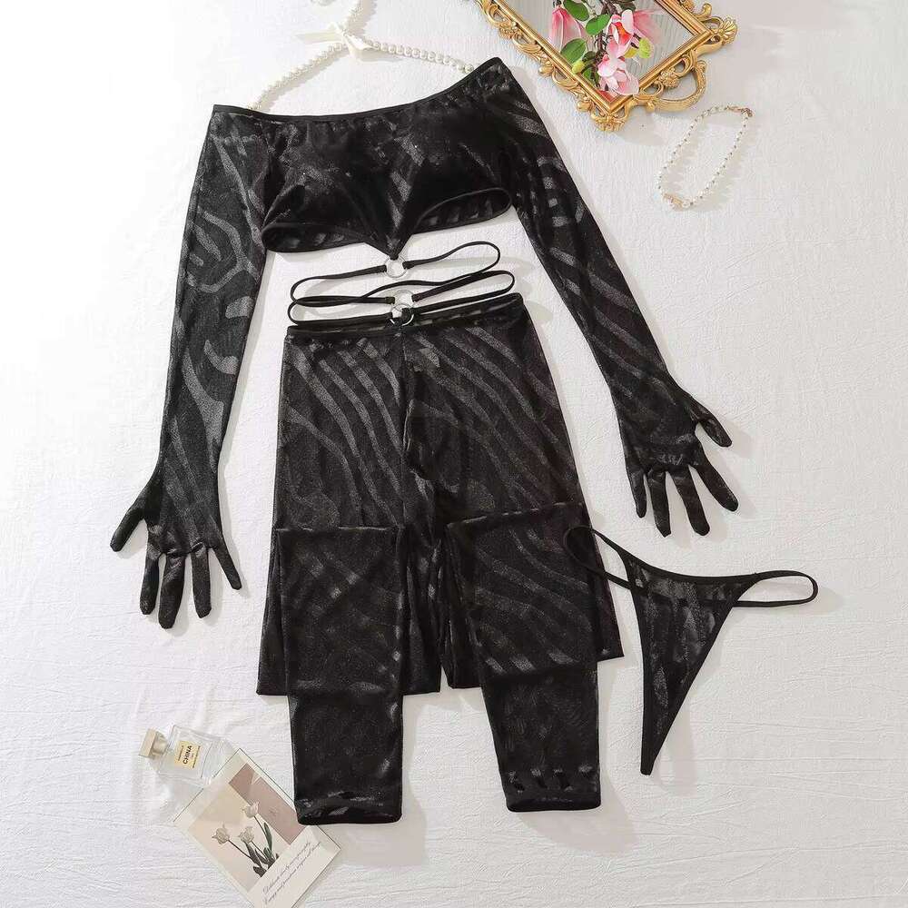Chuangerm 2025 New Hot Girl Mesh See-Through Sexy Temptation Nightlife Underwear 3-Piece Set Black Lingerie Women