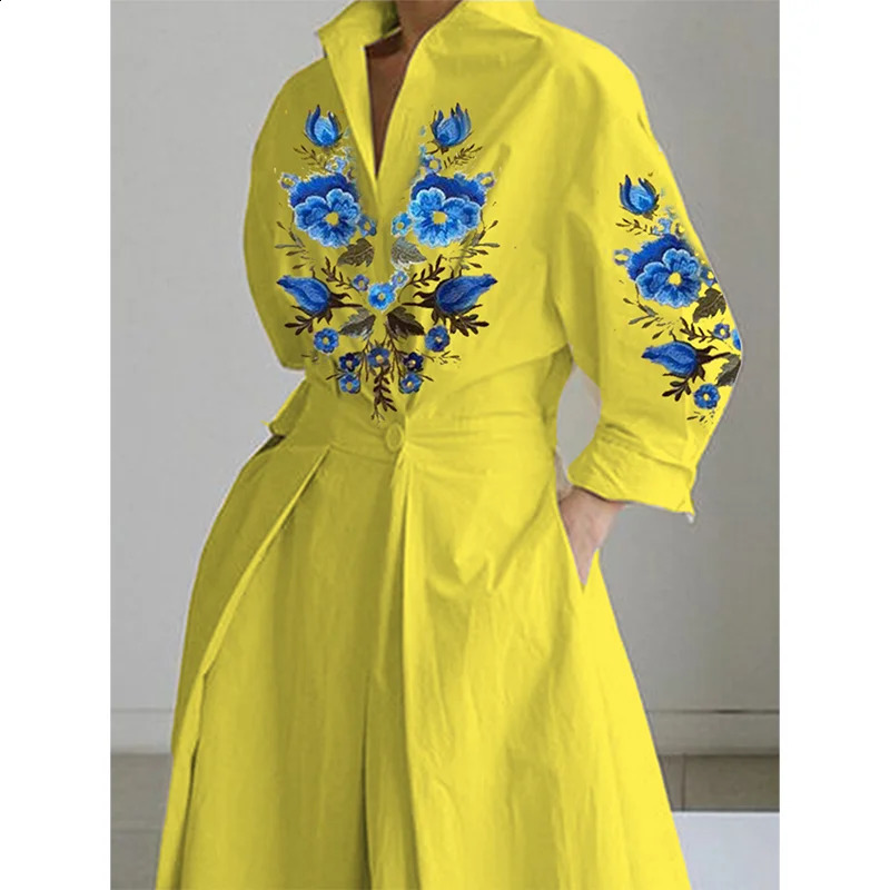 PLUS SIZE Floral Printed Shirt Dress Turn Down Collar ALine Casual Plus Size 34 Sleeve Fashion Retro Streetwear Dresses 250517