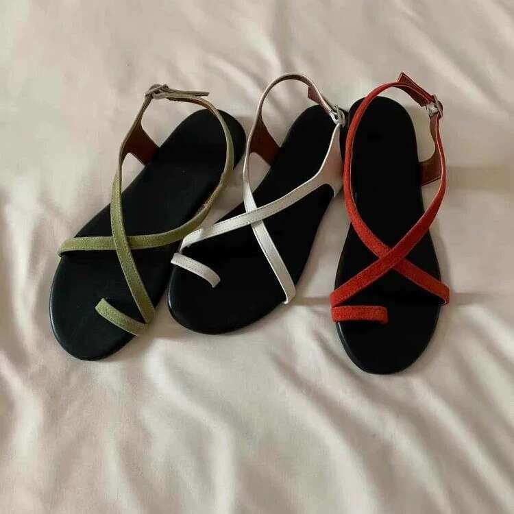 Cowhide Version ~ Korean INS Style Round Cross Strap Sandals for Women 2025 Summer Toe Clip Flat Roman Shoes