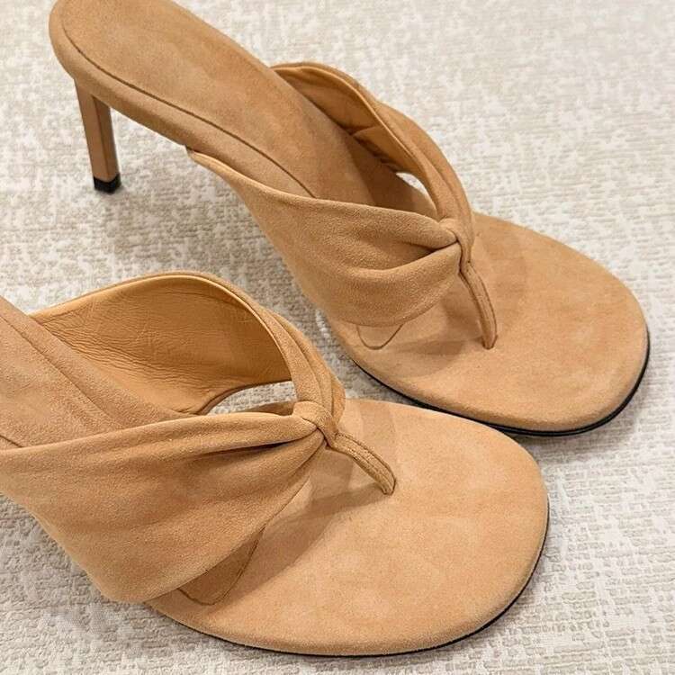 Genuine Suede French Style Stiletto Toe Post Sandals for Women Outdoor 2025 New Spring Summer High Heel Slippers