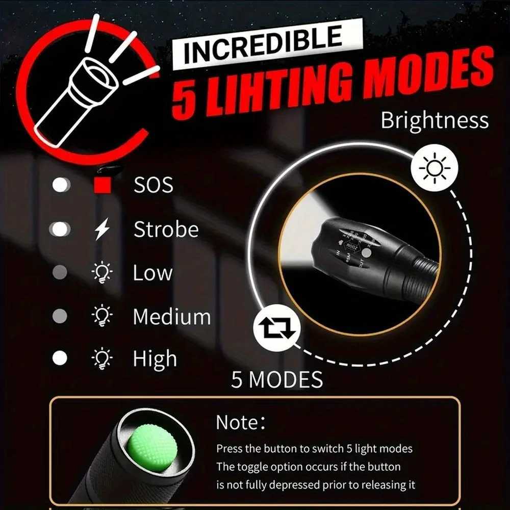Portable LED Flashlight Mini Flash Light Battery Powered Zoomable 5 Lighting Modes Torch Outdoor Camping Hiking Fishing Lamp XJ250529