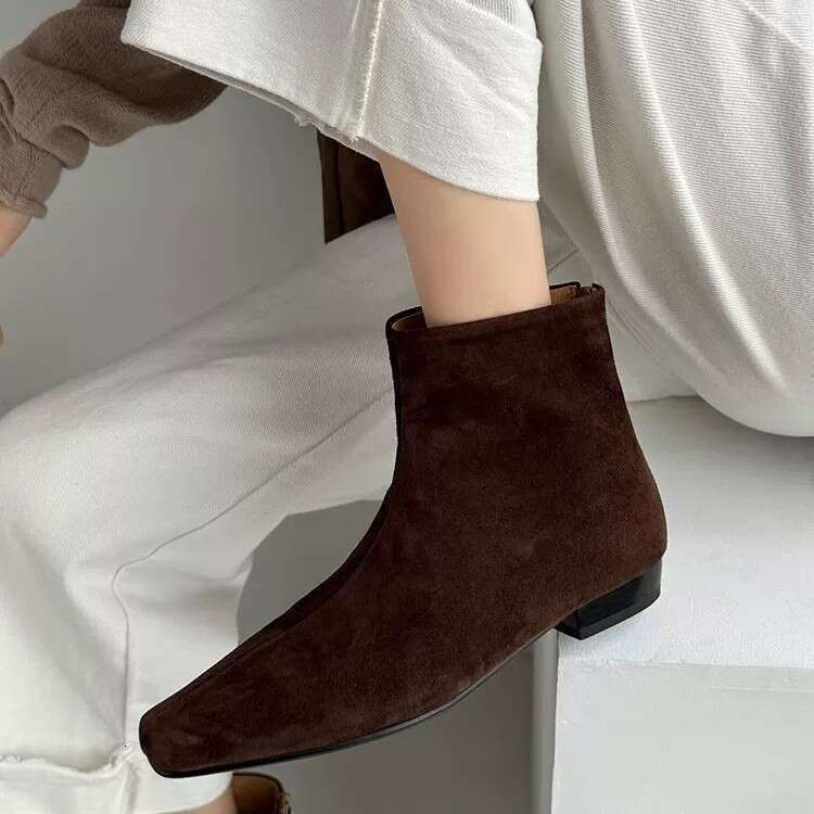 French Style Minimalist Square Toe Ankle Flat Slim with Back Zipper Short for Women Autumn Winter New Versatile Martin Boots