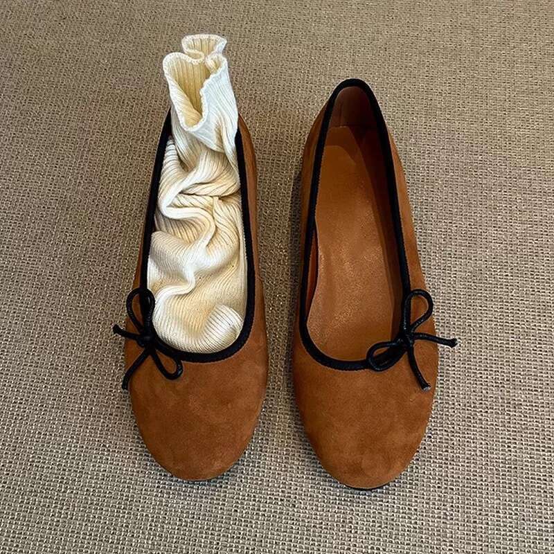 Genuine Leather Bowknot Shallow Round Toe Ballet Flats for Women 2025 New Spring Versatile Loafers Single Shoes