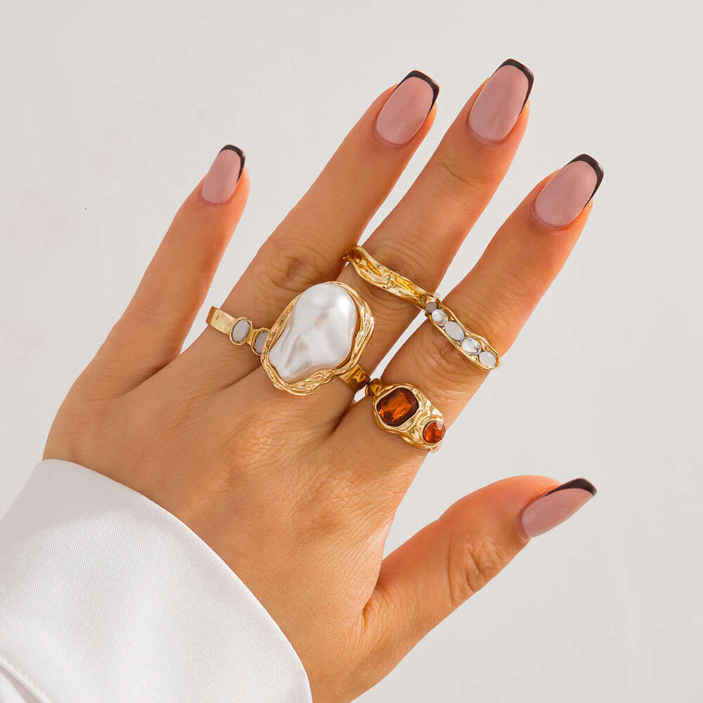 Jewelry INS Metallic Glossy Geometric Rings Irregular Inlaid Pearl Ring Set