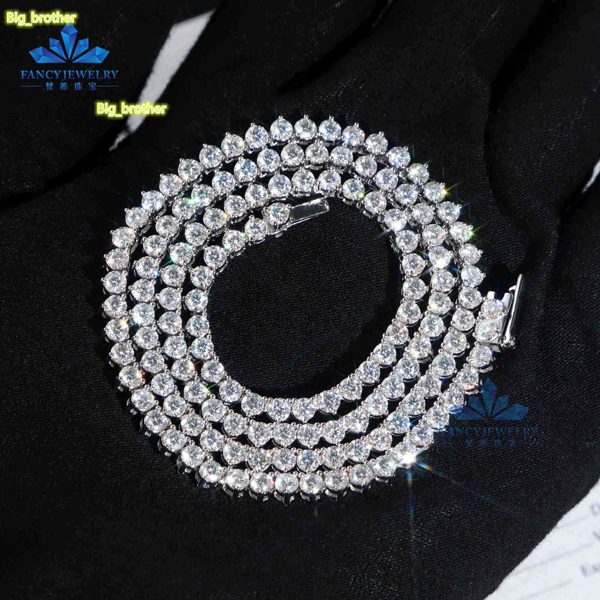 Popular 3 Prong Claws 3mm 4mm 5mm 6.5mm S925 Silver Moissanite Hiphop Chain Link Tennis Necklace for Men Women