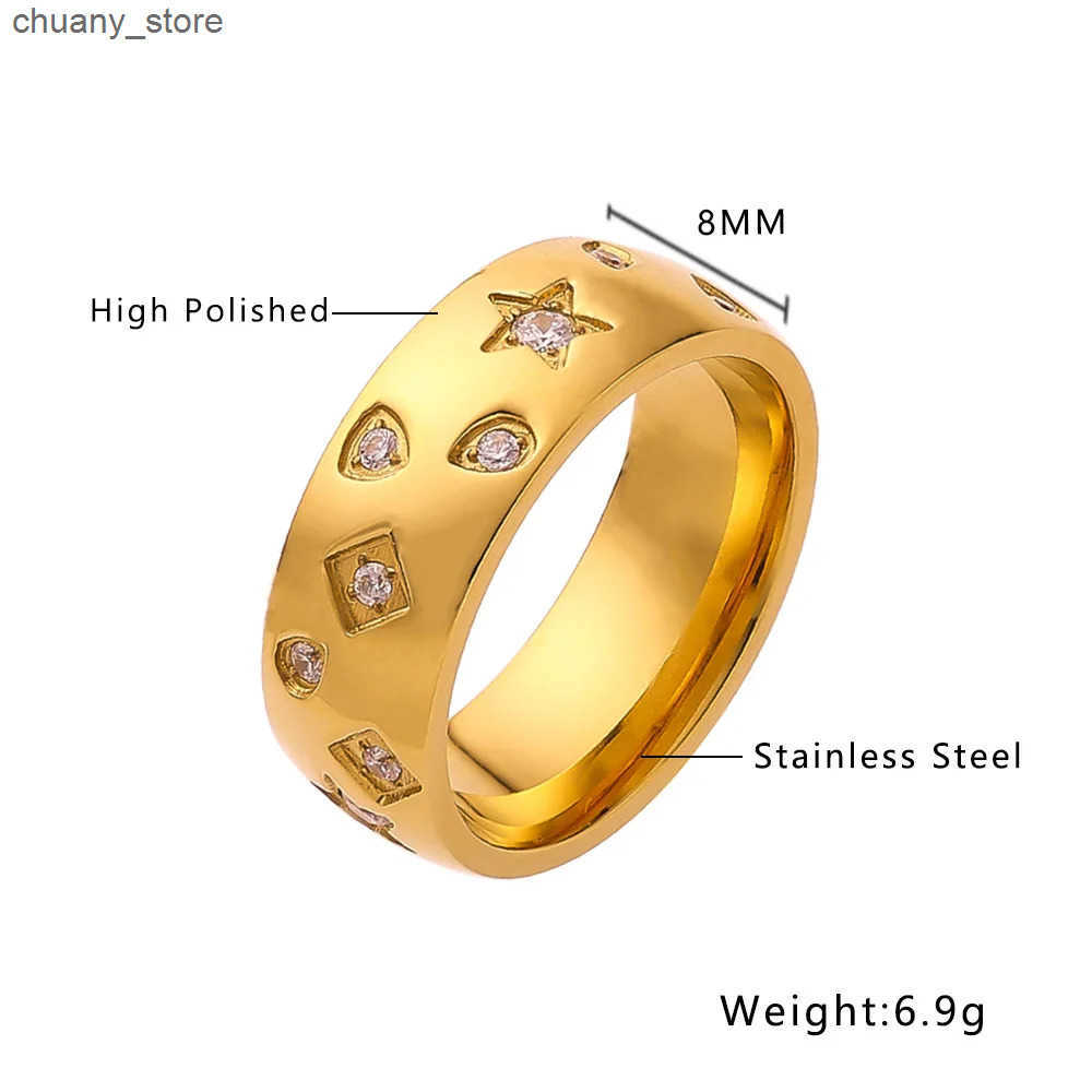 High Polished Stainless Steel Gold Plated Engraving Star White Shiny Zircon Ring for Women Girl Wedding Party Jewelry Gift z250529EEI3