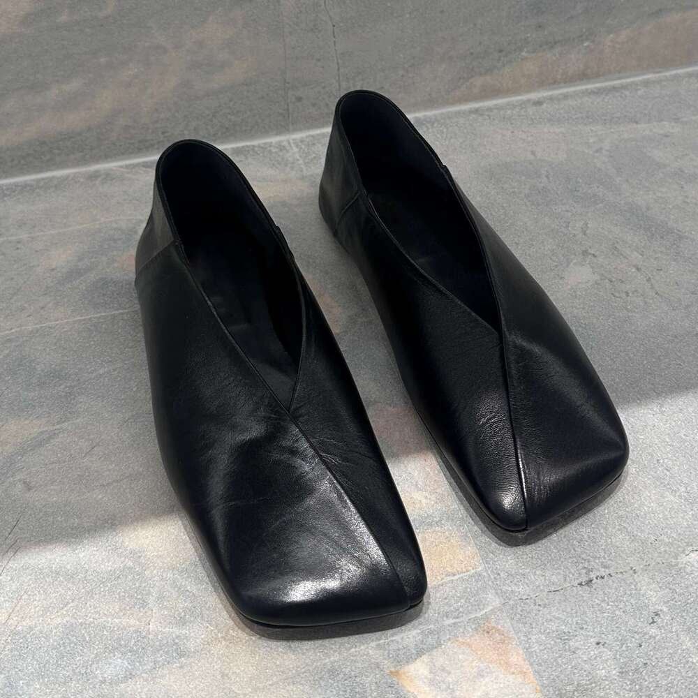 Genuine Leather French Niche V-Cut Square Toe Flat for Women 2025 New Spring Fashion Slip-On Granny Shoes