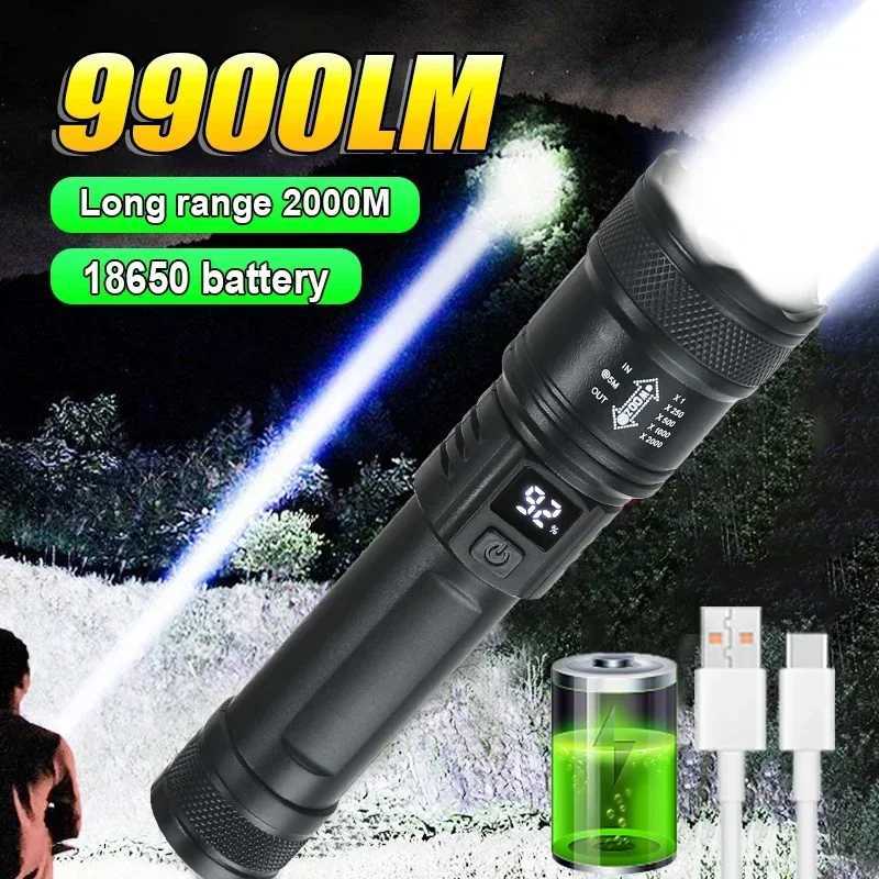Powerful LED Flashlight with Battery Display USB Rechargeable Light Telescopic Zoom Torch Lamp Outdoor Camping Fishing Lantern XJ250529