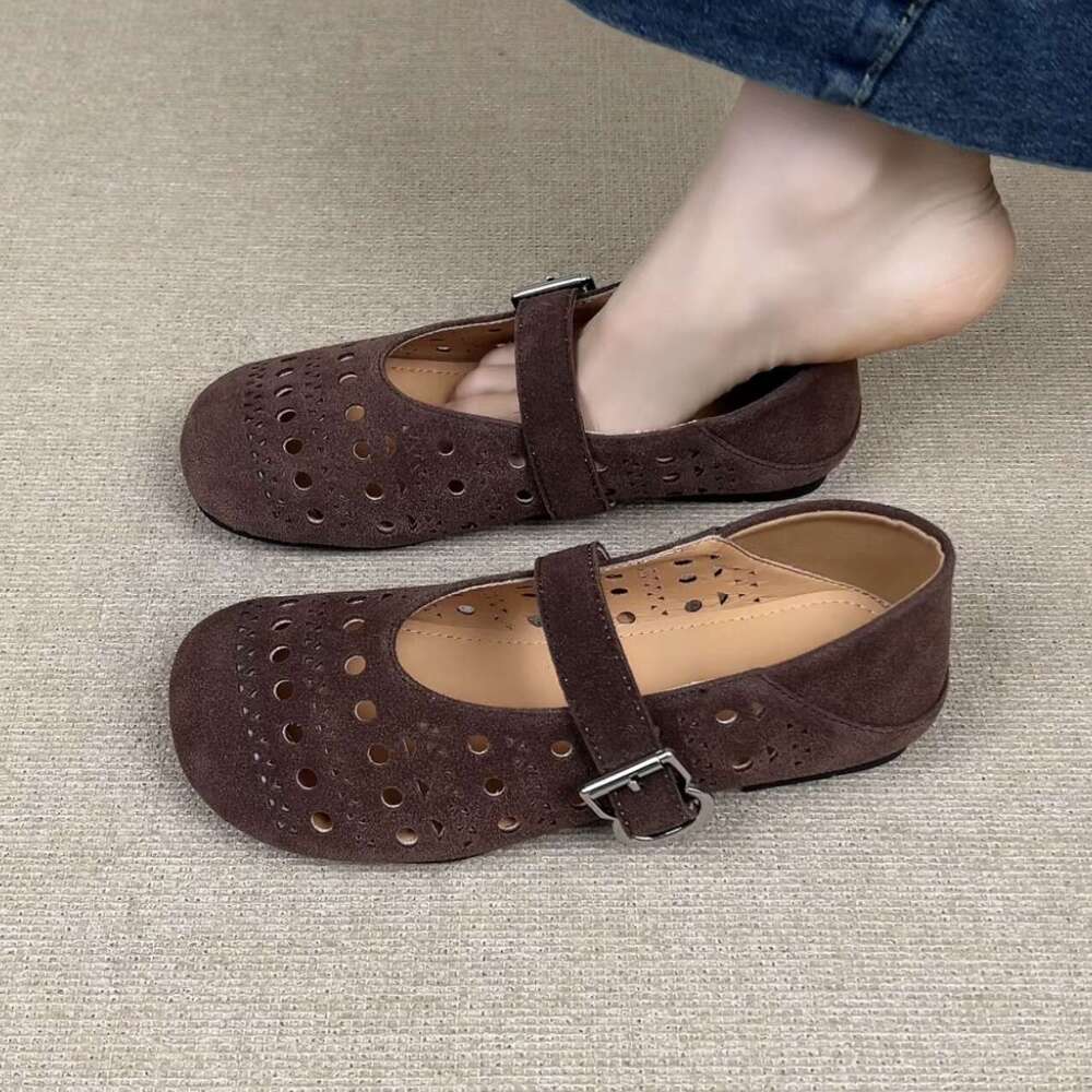 Sheepskin Version ~ Korean Style Round Toe Hollow Out Hole Flat One-Strap Mary Jane for Women 2025 Spring Summer Single Shoes