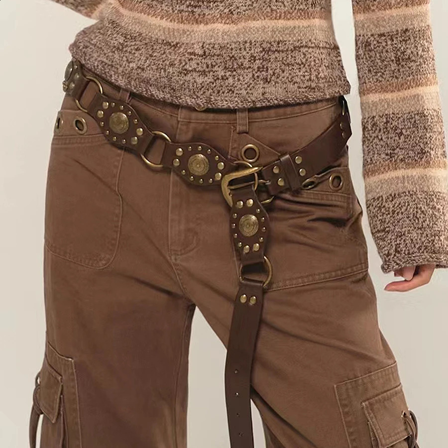 Western cowboy style metal buckle PU leather belt for womens retro rivet decoration needle buckle wide belt 250523
