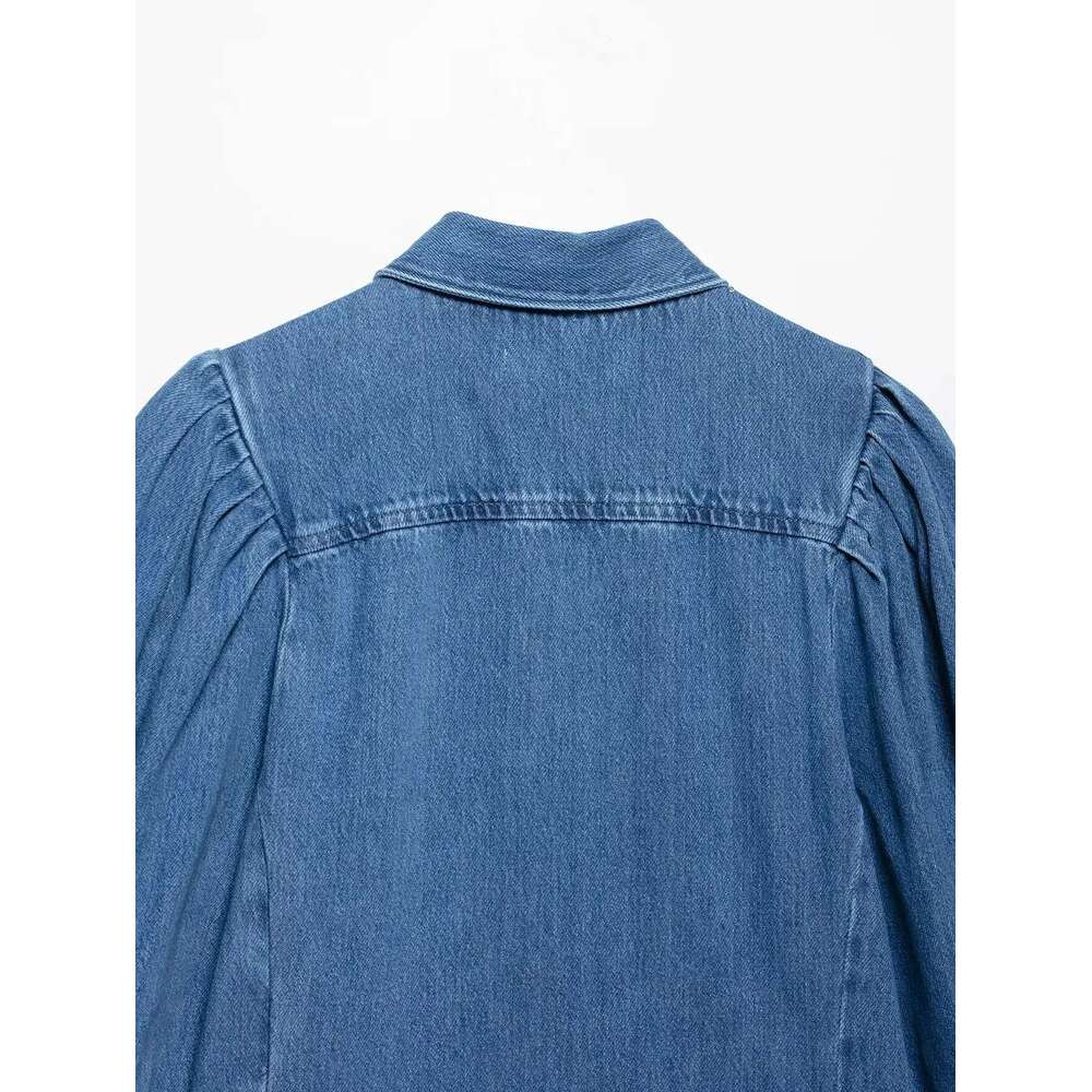 Zevity Women Fashion Turn Down Collar Breast Casual Denim Blouse Femme Pleated Half Sleeve Shirt Chic Chemise Blusas Tops LS9131