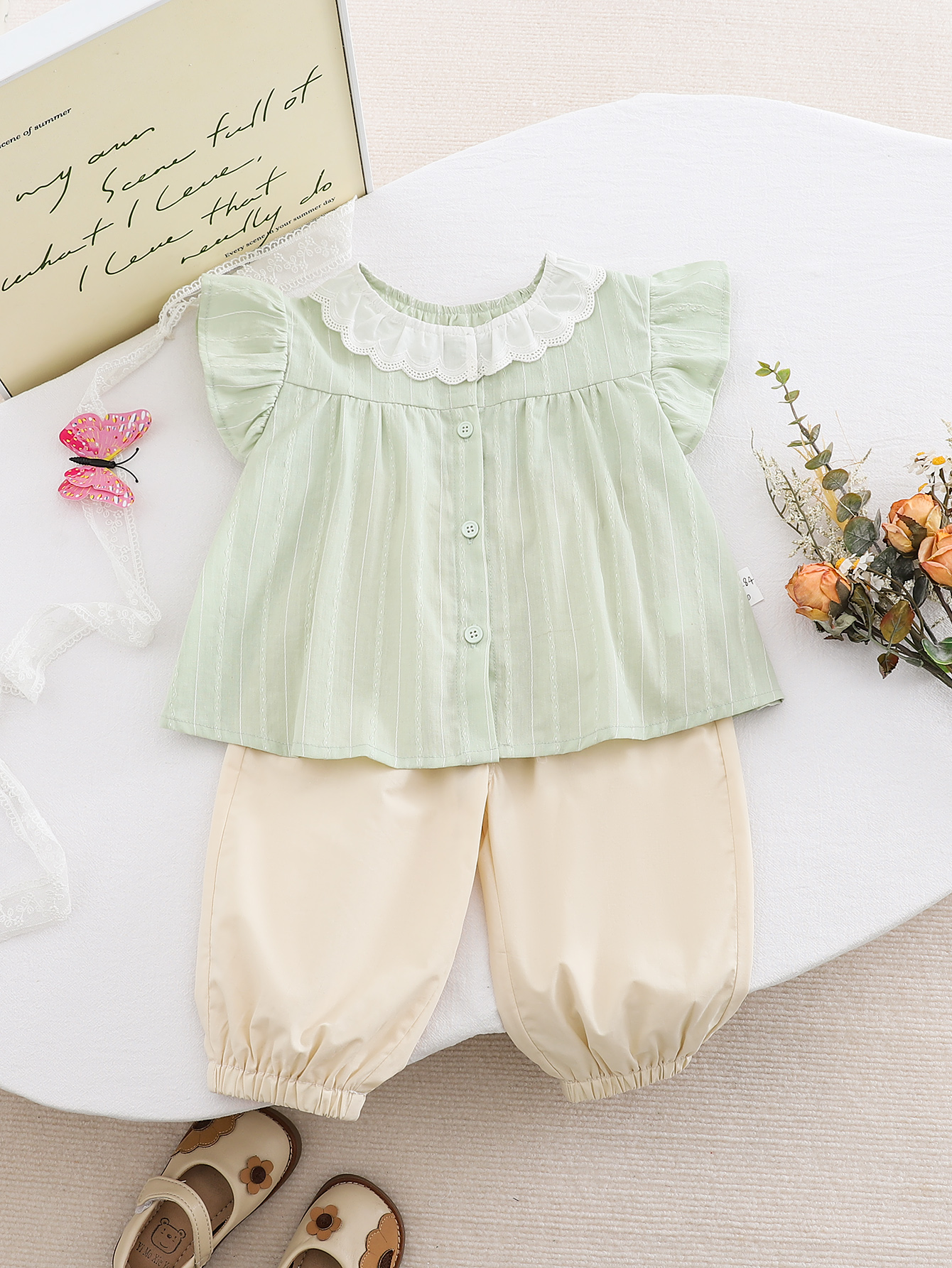 Sweet Lace-Paneled Flutter Sleeve Doll Collar Shirt and Pants Set