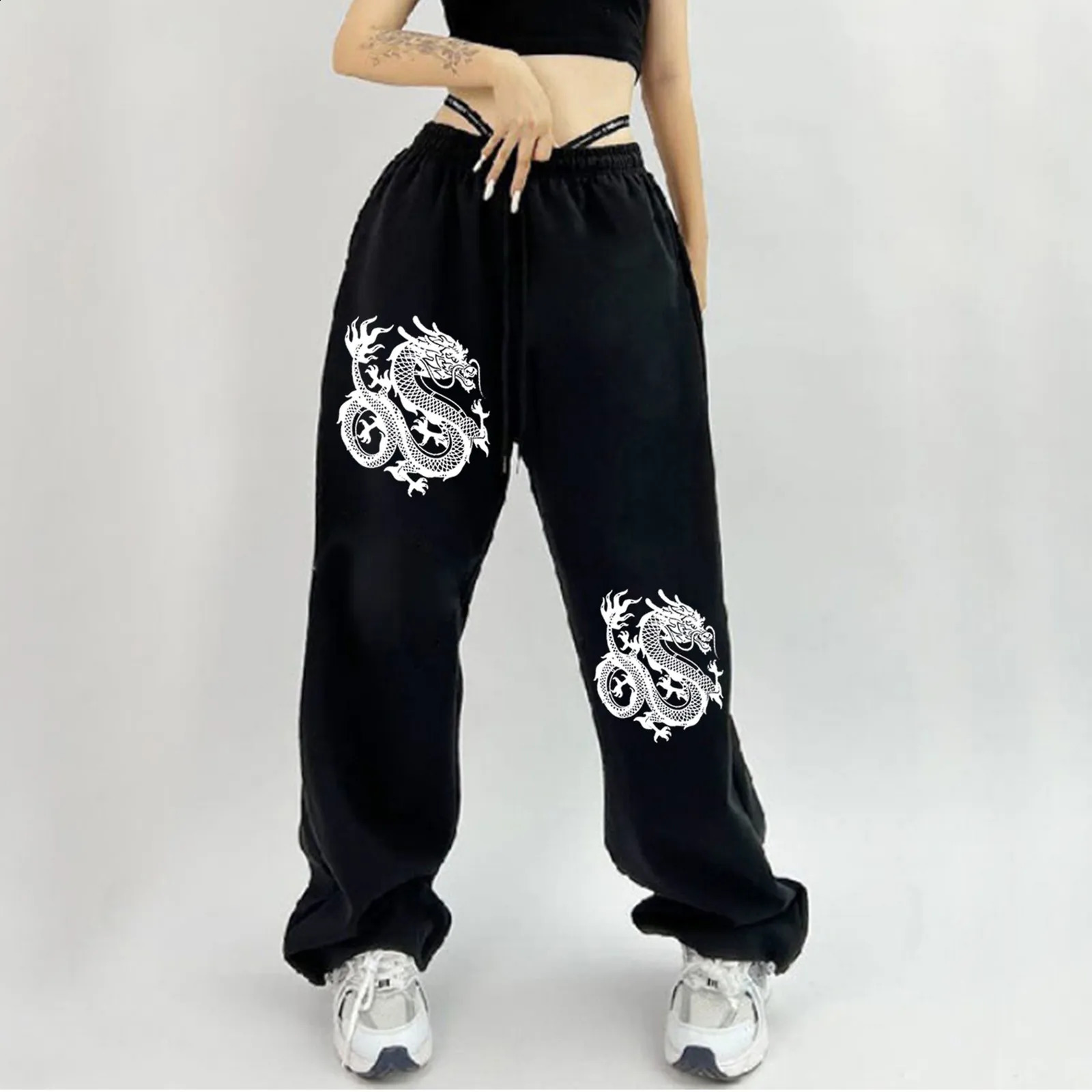 Women Loose Fit Elastic Drawstring Joggers Pants Dragon Print Baggy Trousers Running Yoga Gym Plus Sport Harem Pants Sweatpants 250529Z